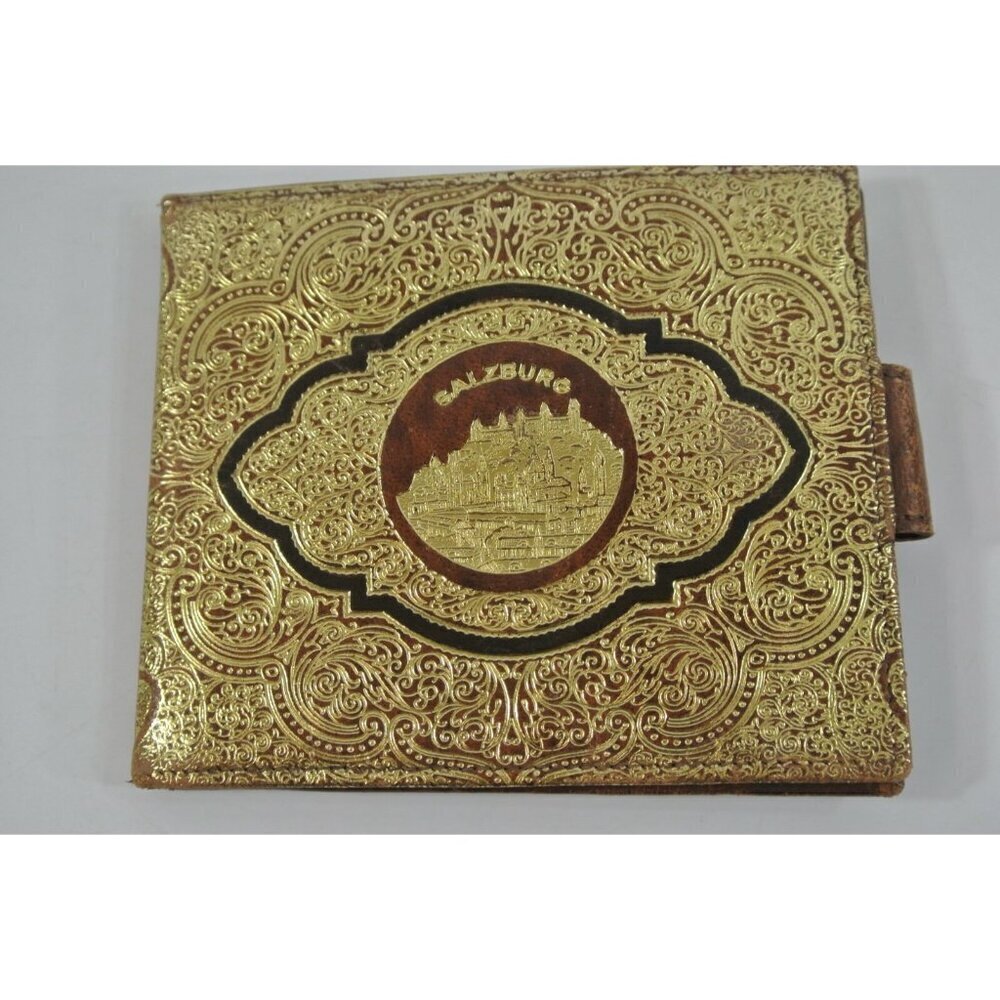 Salzburg Leather Wallet Embossed Gold Design Mens Austria Travel Souvenir Vtg
